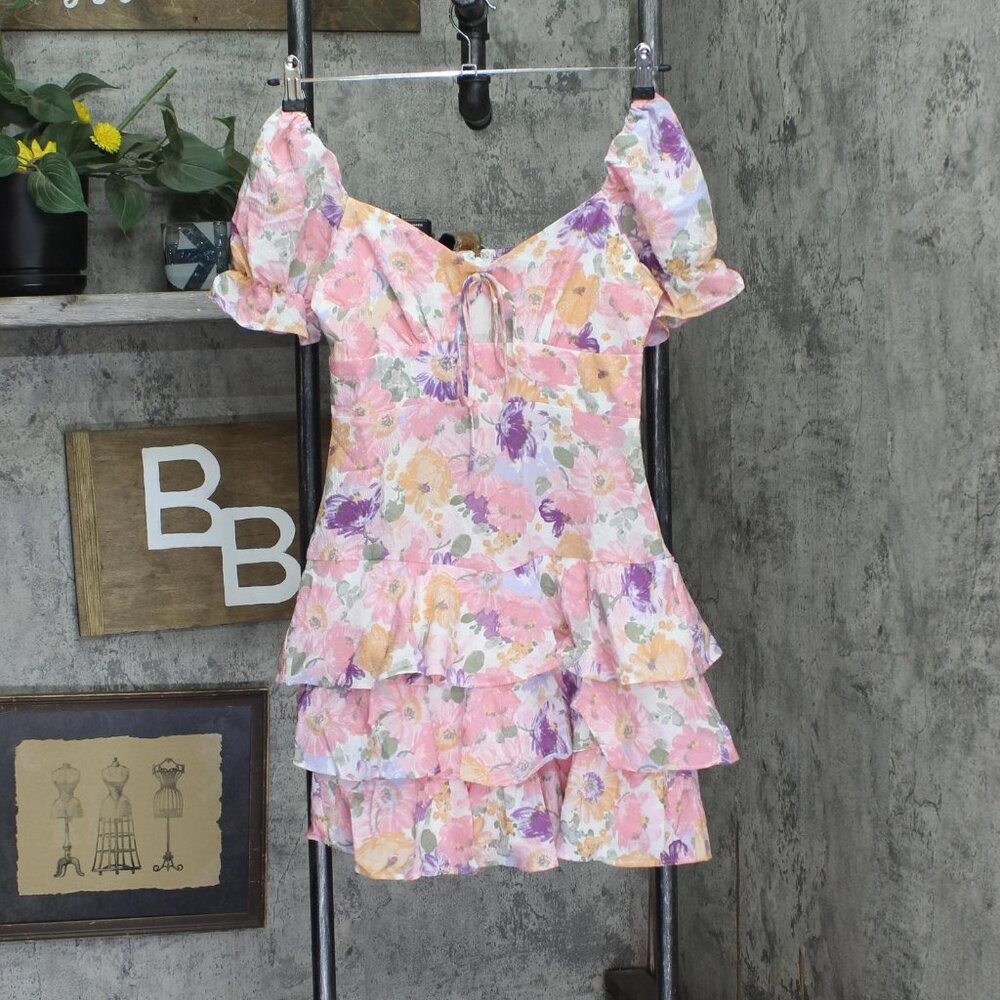 NWT City Studios Juniors Tiered Tie-Bodice Dress Pink Multi 3 - Picture 4 of 8
